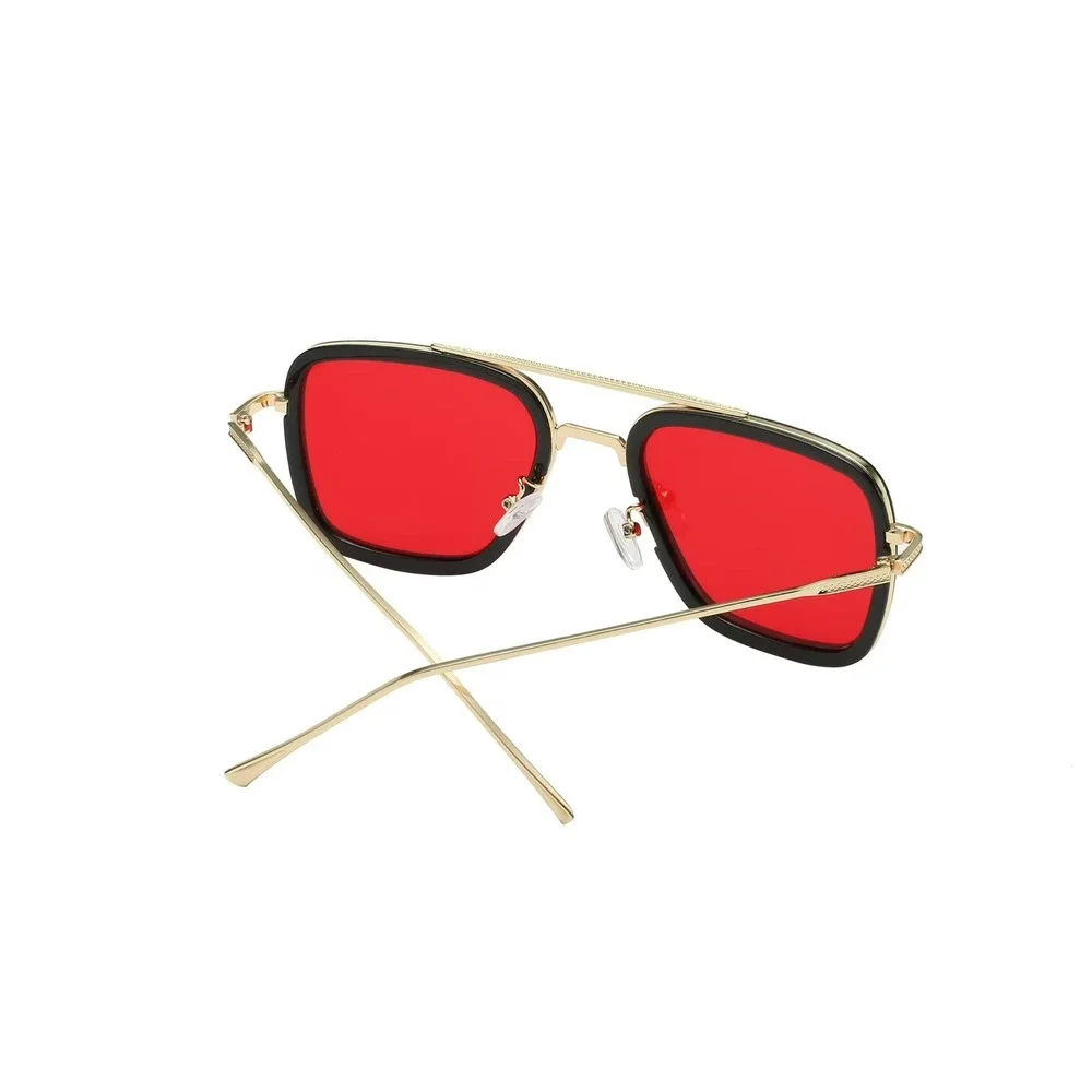 WomenRectangular Sunglasses Red Lens Black Gold Frame Fashion‎ Designer Elegant